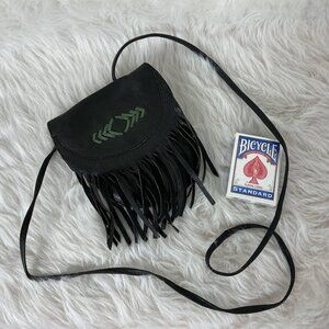 Cut N Paste Boho Black & Green Stitch Fringe Crossbody Purse